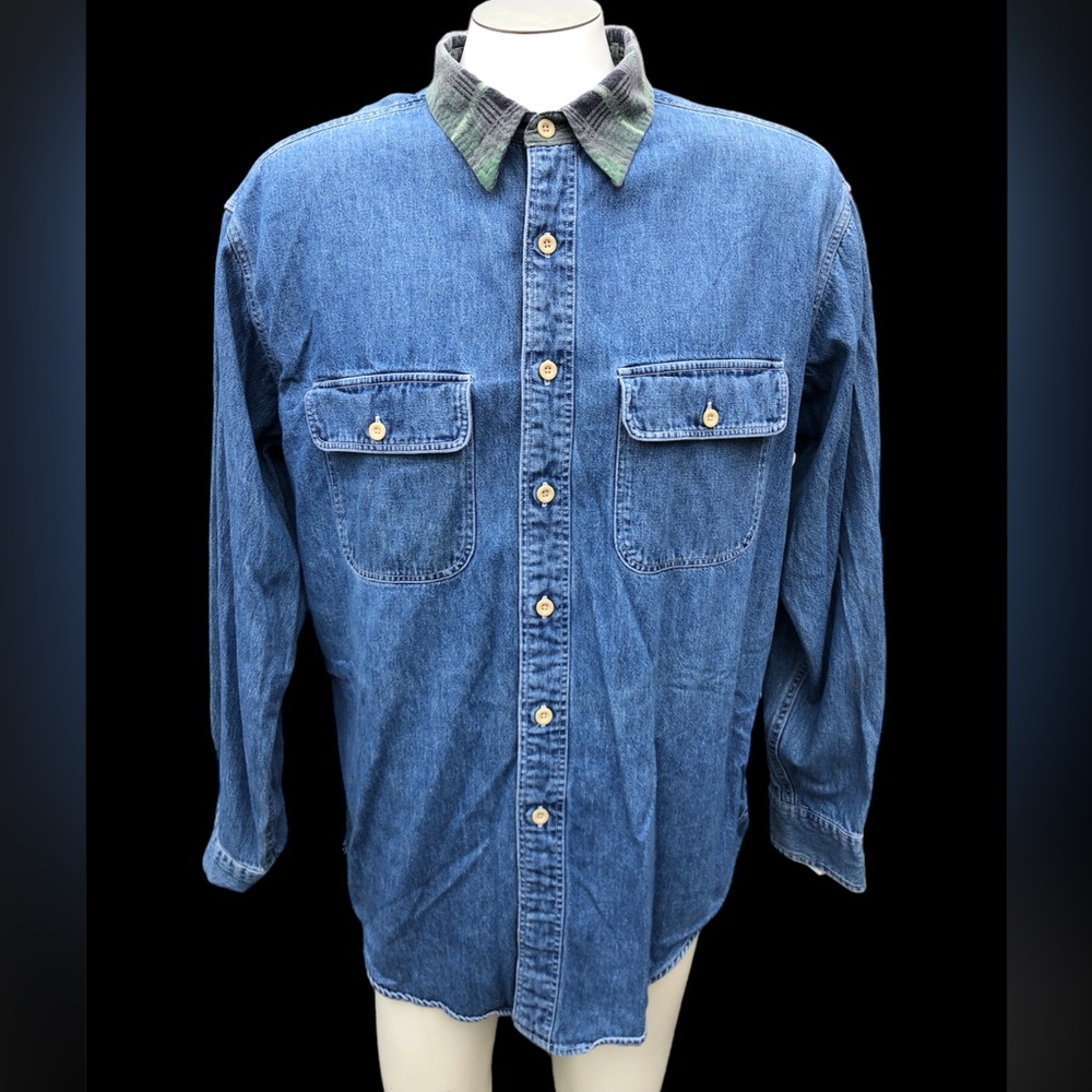 J. Crew Vintage Plaid Collar Denim Jean Button Up